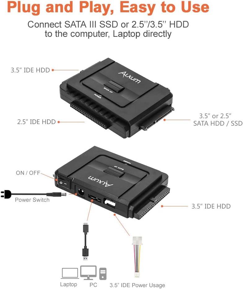 ALXUM محول SATA IDE إلى USB C مع الطاقة، محول SATA لقارئ القرص الصلب الخارجي 2.5/3.5 بوصة IDE - Image 2